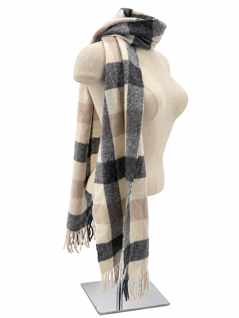 Foxford Wool Plaid Fringe Scarf Cream Beige Check Soft Winter Wrap